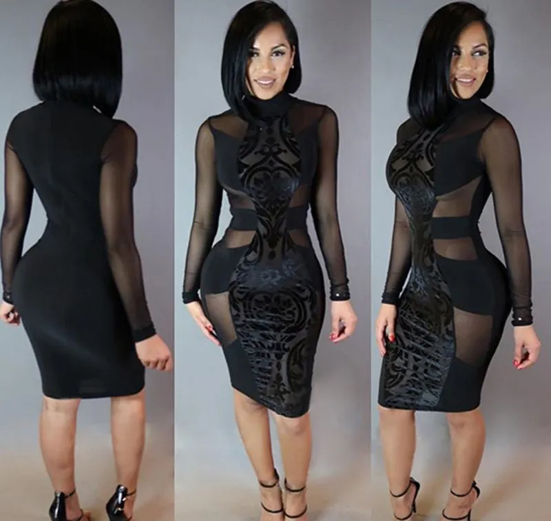 Black White Transparent Mesh Patchwork Dress Sexy Long Sleeve Turtleneck Bandage Dress Elegant Bodycon Pencil Party Vestidos