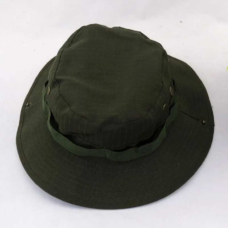 2017 Nya män Solid Militärhatt med Band Round Brim Chin Strap Fiske Cap Camping Jakt Bucket Caps Solskydd