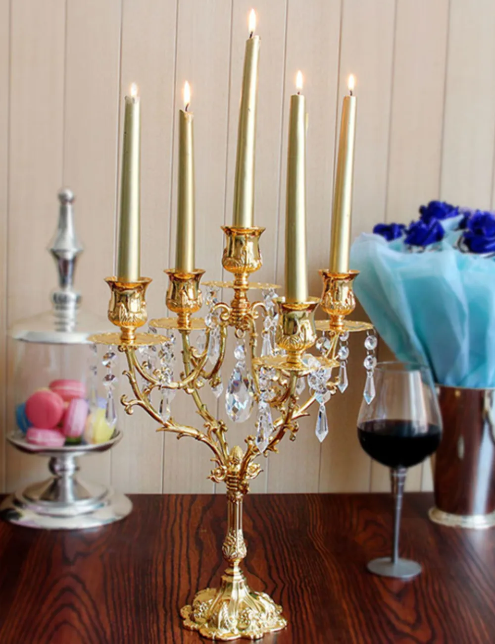 40 cm de altura de 5 braços de metal candelabros de ouro com pingentes de cristal suporte de vela de mesa de casamento peça central Do Evento 10 pçs / lote