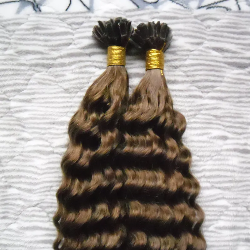 Brasiliansk Kinky Curly Hair U Tips Hårförlängningar 100g 100s # 6 Medium Brown Pre Bonded Hair Extensions