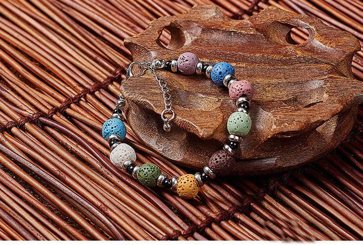 Brazaletes multicolores de piedra de lava bohemia a la moda para mujer, joyería, pulsera difusora de aceite esencial chapada en plata