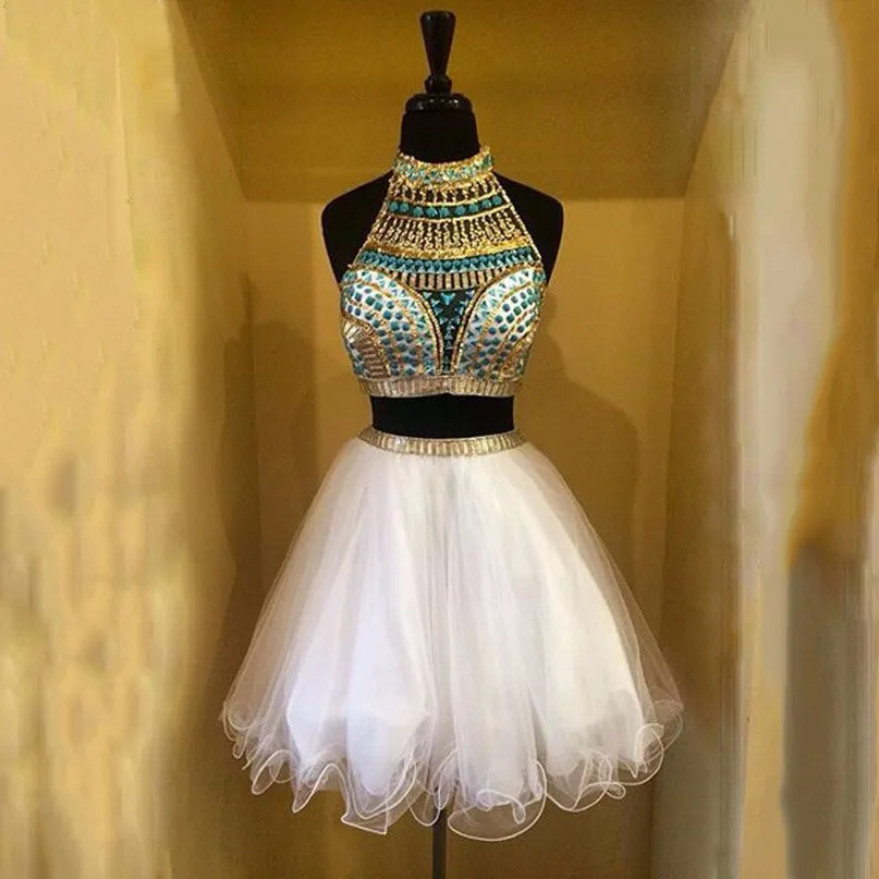 White Two-Piece Homecoming Dress: High Neck Halter Crystal Beaded Tulle  Short Prom Graduation Dress with Sexy Back from Dhgate Homecoming Dresses -  price 85.87
