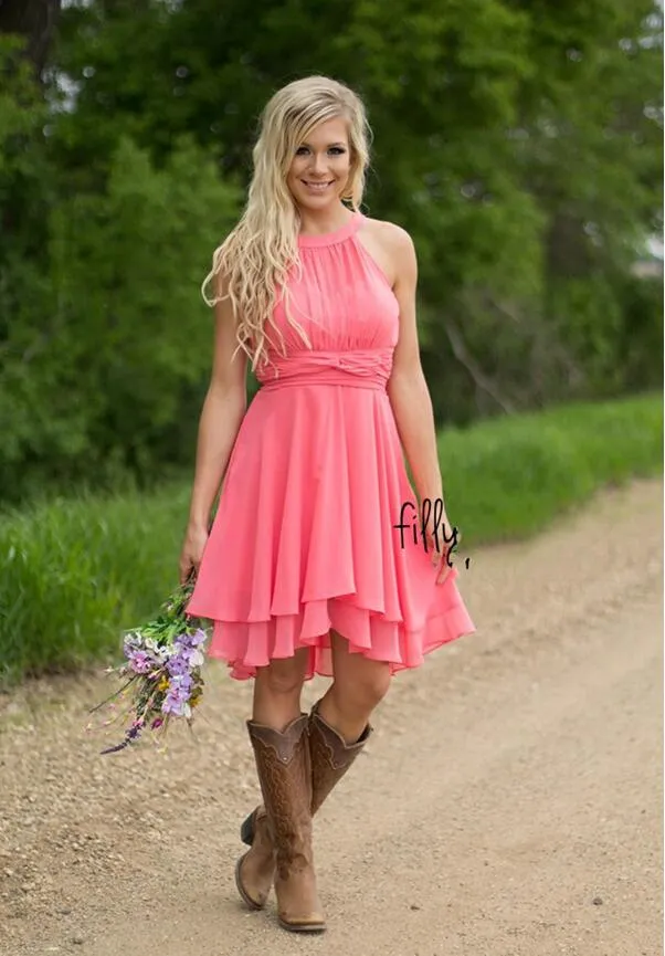Custom Colored Cocktail Dresses Country Westen Ruched Chiffon Short Bridesmaid Dresses Knee Length maid of honor dresses Match Cowboy Boots