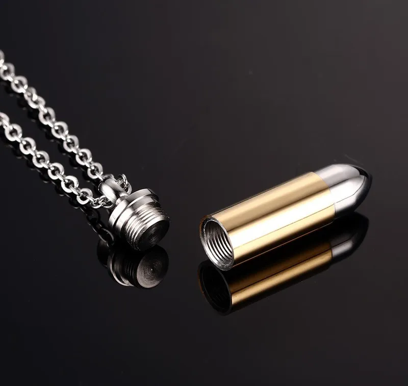 Men Titanium Steel Urn Lockets Necklaces Cremation Case Perfume Bottle Bullet Pendant Chains Necklace Women Jewelry Can be open put in Ashes