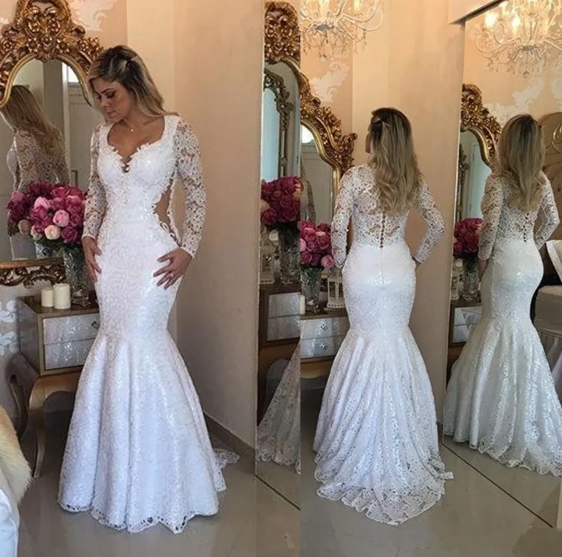 Lace Long Sleeve Mermaid Wedding Dresses 2017 Elegant Arabic Floor Length Bridal Vestidos Plus Size Back Covered Buttons Wedding Gowns