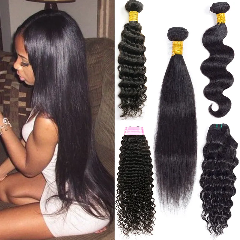 Klasa 8a Malezyjska Prosta Ciała Fala Ludzkie Włosy Uwagi 3/4 Wiązki Brazylijski Kinky Kręcone Woda głęboka Tanie Remy Human Hair Extensions