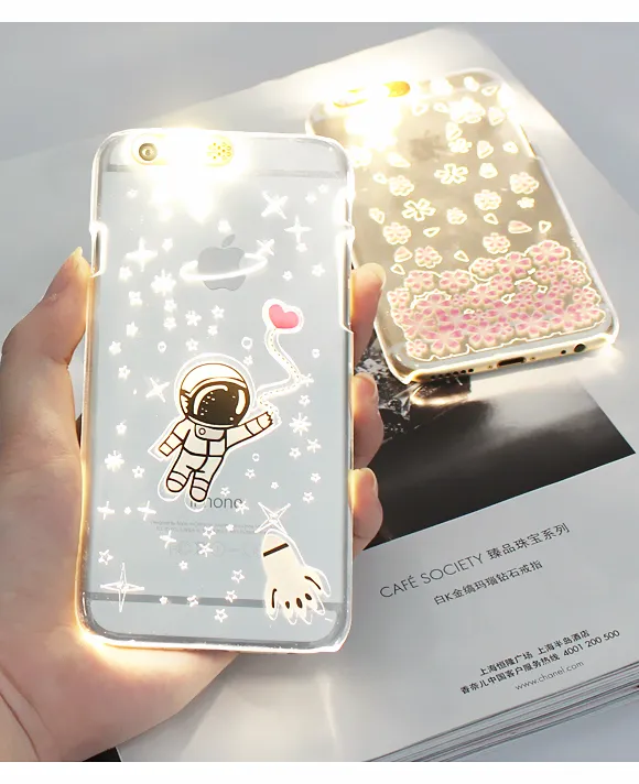 For i6 6s 4.Flash Up Light Luminous LED Mobile Phone Case Cover for iPhone 6 5 5s Plus 5.5 inch Space Star Astronaut Sakura