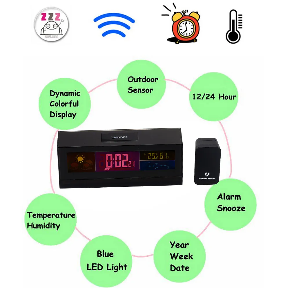 Freeshipping Digital Estação Meteorológica Relatório de Umidade Temperatura termômetro LED Tempo Relógio Despertador stazione meteo sem fio ao ar livre indoor