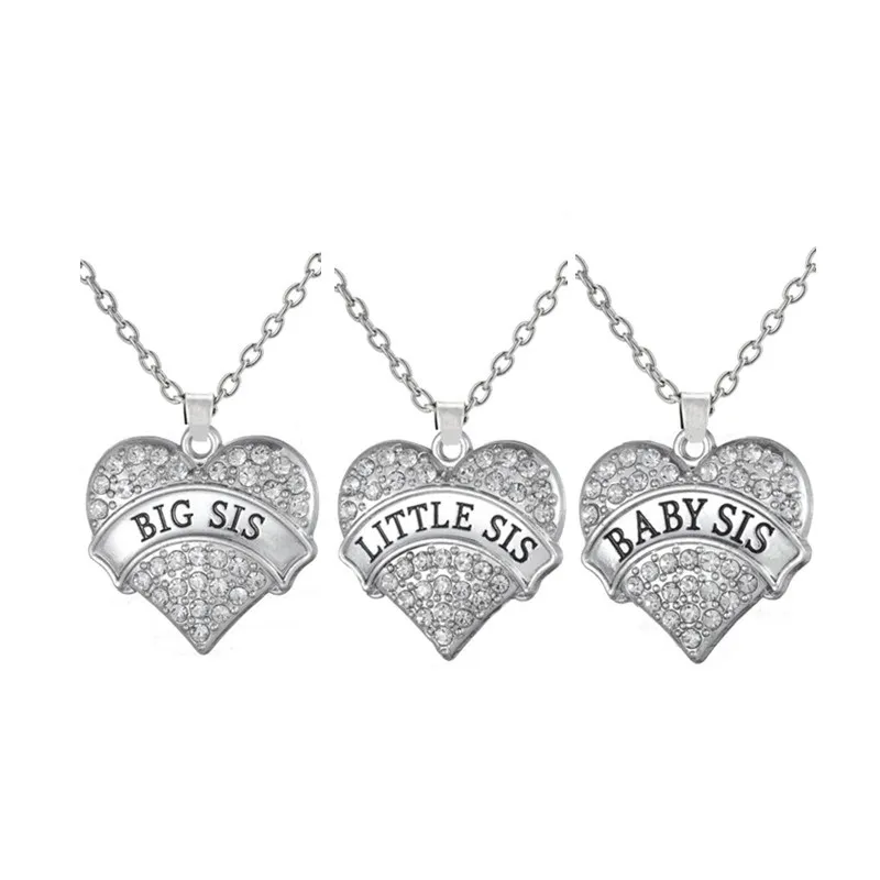 Conjunto de 3 Big Sis Little Sis Baby Sis Crystal Heart colgante collar naturaleza para tres hermanas joyería hecha a mano