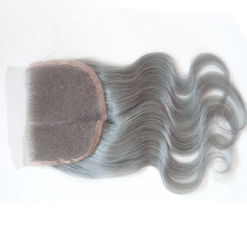 Silber Grau Peruanisches Reines Haar Spitzefront Verschluss Haar Stück Gebleichte Knoten 100% Menschenhaar Körperwelle Verschluss Freies Mittel 3 Way Teil
