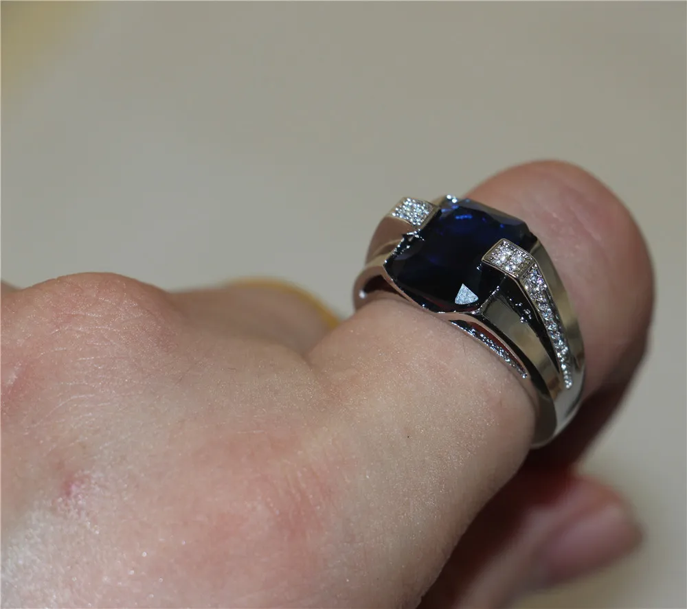 남자 925 실버 블루 사파이어 시뮬레이션 다이아몬드 CZ 보석 스톤 에메랄드 컷 반지 약혼 결혼 기념일 밴드 쥬얼리 소년