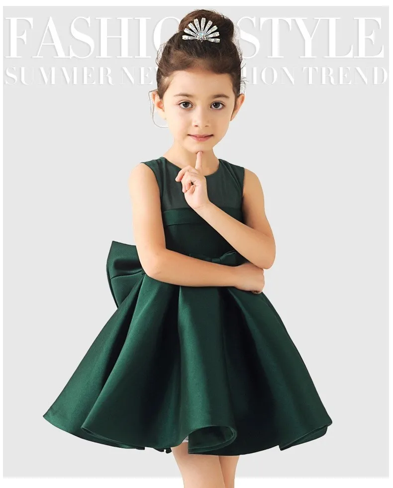 Elegantes Satin-Blumenmädchenkleid mit großer Schleife, Party-Festzug-Kleid für Hochzeit, Geburtstag, Ballkleid für kleine Mädchen, 3 Farben, 2–12 Jahre