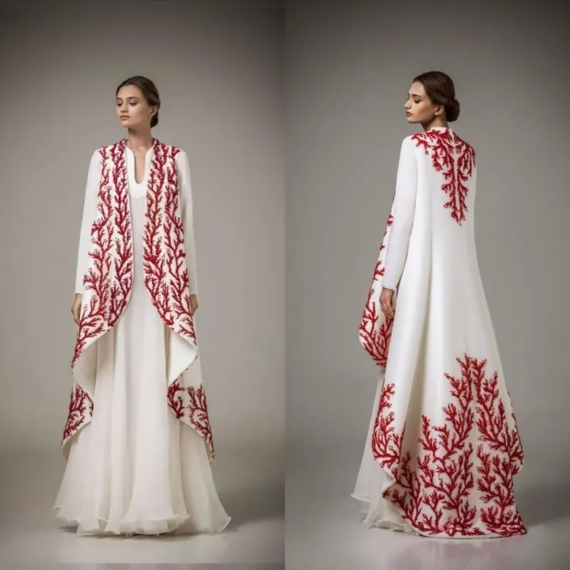 2020 Popularne Kaftan Arabski Sukienka Wieczorowa Nosić Muzułmański Styl White Szyfon Czerwony Haft Długi Rękaw Długość Dubai Abaya Prom Dresses