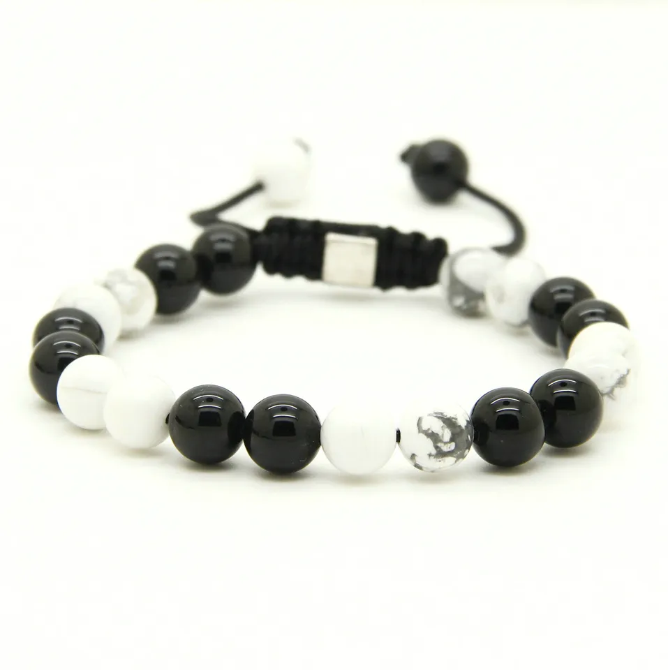 Wholesale 10pcs/lot 8mm Natural Black Onyx with White Howlite Marble Stone Beads Macrame Lucky Bracelets