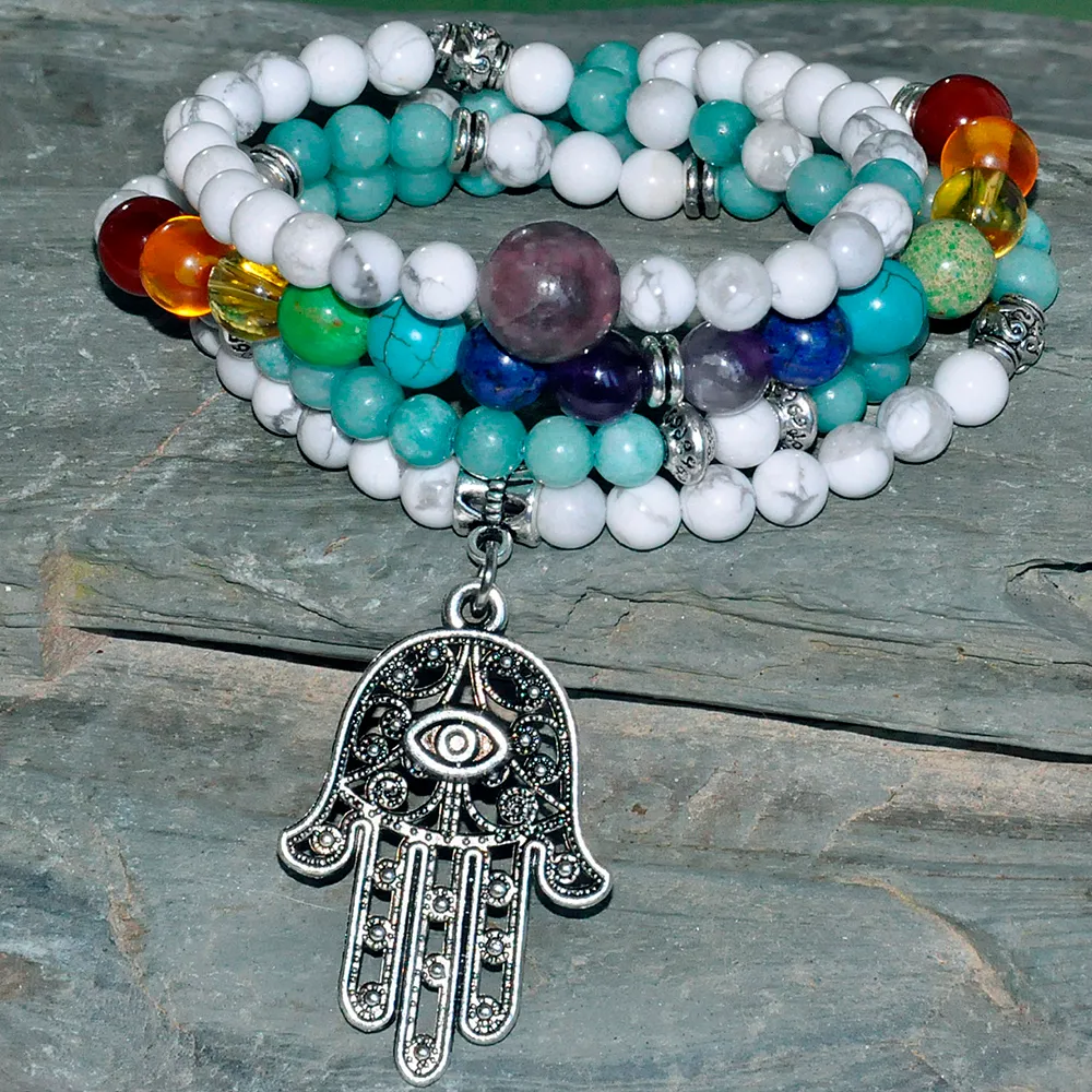 SN0288 Protection 108 Mala Beads Bracelet Yoga Necklace Japa Hamsa Natural Stone Jewelry Chakra Wrap Jewelry Wholesale