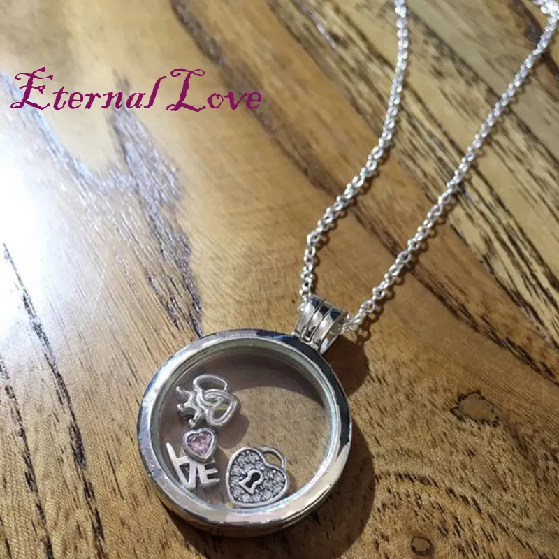 Floating Locket Large Sapphire Crystal Glass sterling-Silver-jewelry Woman New Charm Wholesale Jewelry Necklace Summer New Chain Jewelry