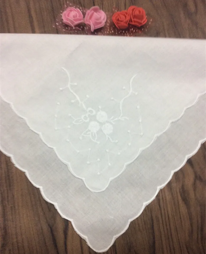 Home Textiles Handkerchief 12x12"White Cotton Wedding Handkerchiefs Vintage hankies Scalloped Edges & embroidered For bride Gifts