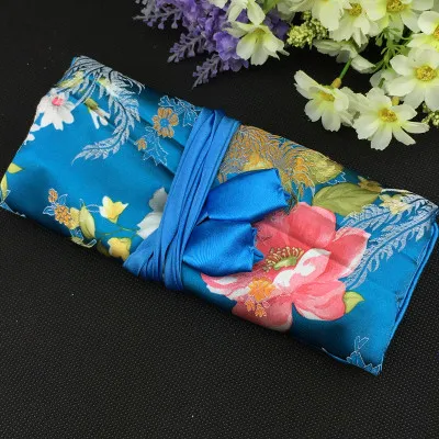 Portable Jewelry Set Packaging Travel Roll Bag Cotton filled Silk Brocade Fabric Zipper Drawstring Storage Pouch For Bridesmaid Wedding Gift
