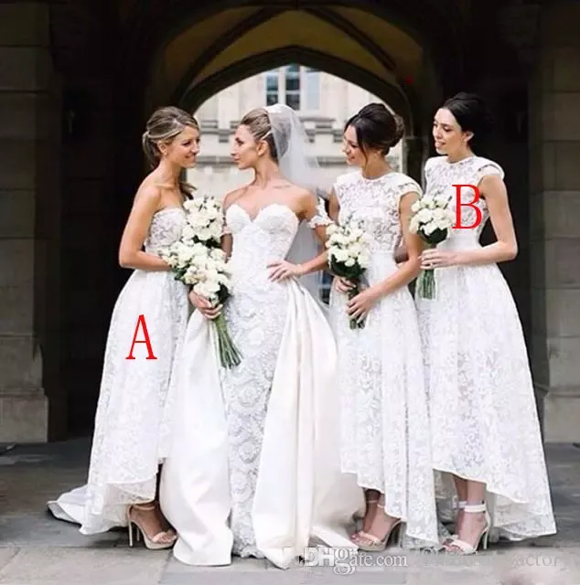 2018 White Full Lace Bridesmaid Dresses Sweetheart Hi Lo A Line Bridesmaid Gowns for Girls Wedding Guest Dresses