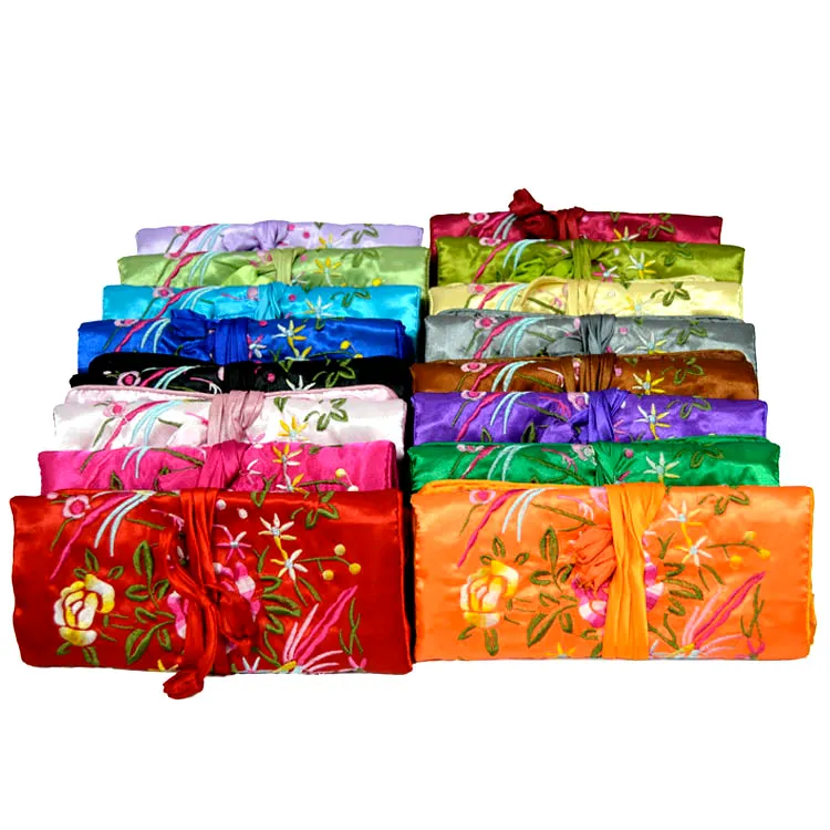 Embroidered flower Birds Satin Fabric Jewelry Roll Up Travel Bag Drawstring Women Makeup Bag Zipper Portable Cosmetic Storage Bag 