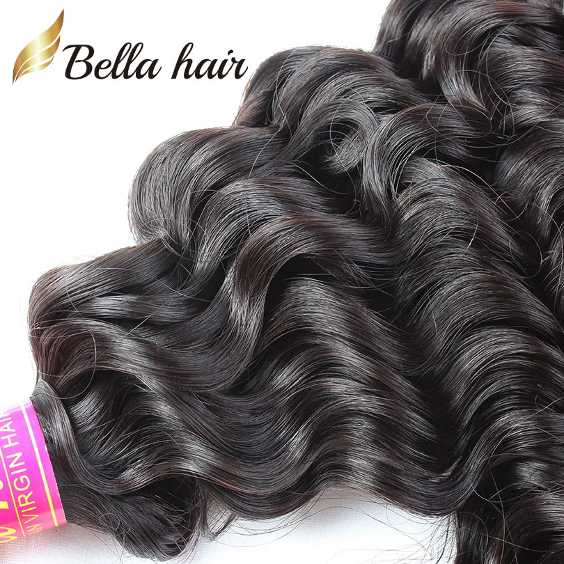 9a underbara curl brasilianska mänskliga inslag 10-26 tum svart färg djup våg vågiga hårförlängningar 3 stycken tjock hår bellahair