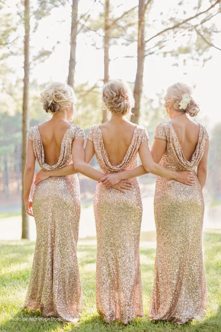 Champagne Gold Sequins Mermaid Bridesmaid платья 2018 с коротким рукавом без спинки длинные пляжные свадьбы платья быстрая доставка