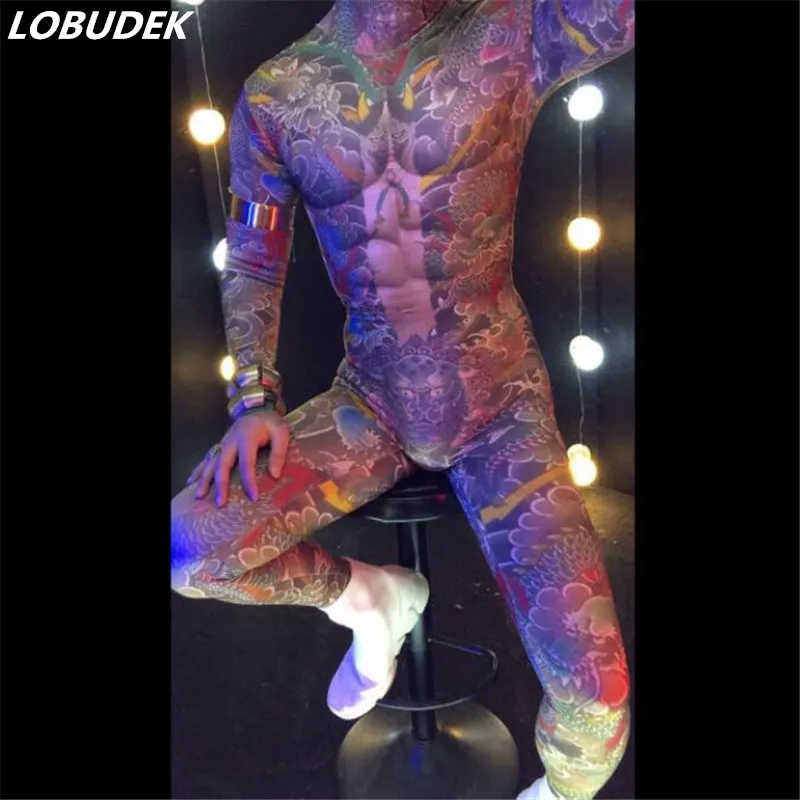 Mężczyzna taniec na rurze DS kostiumy osobowość Rune tatuaż kombinezon drukowanie trykot elastyczne pajacyki klub nocny piosenkarka wydajność DJ body strój sceniczny