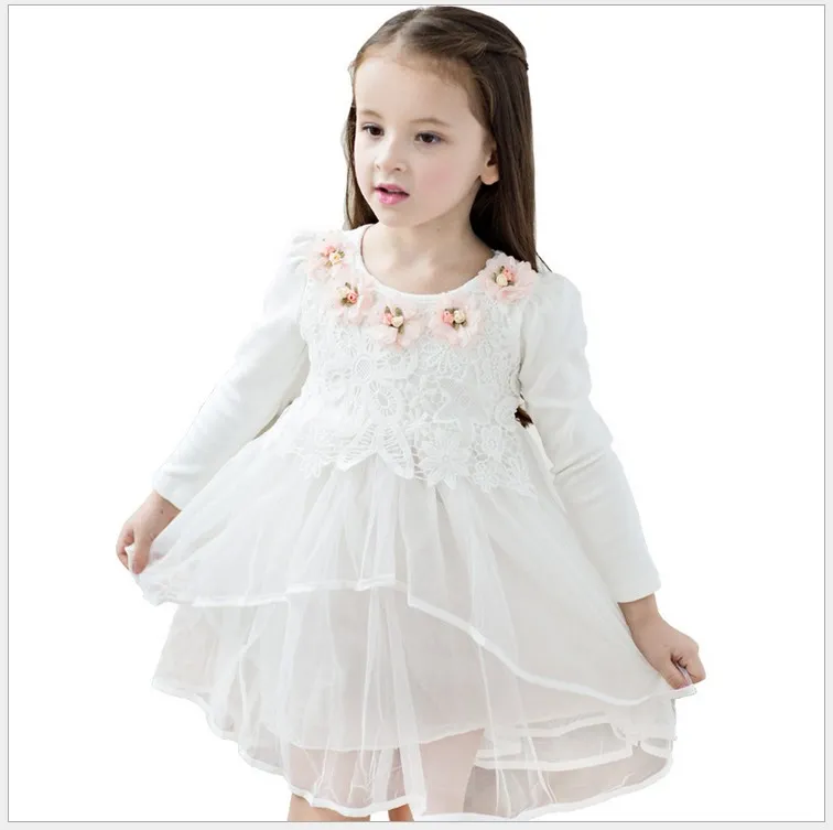 2016 Otoño Nueva Moda Niña Vestido de Princesa Niños Vestidos de Flores de Manga Larga Estilo Coreano Bebés Lindos Vestido de Tul de Encaje Vestidos de Niños