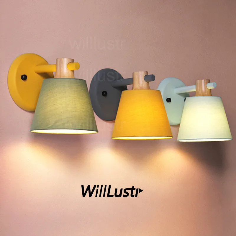 Willlurslursurrustr Wall Lamp SconceカラーファブリックシェードOAKウッドアイアンアームウォールスコンチベッドサイドキッチンソファサイドホテルレストランライトイエローグリーン