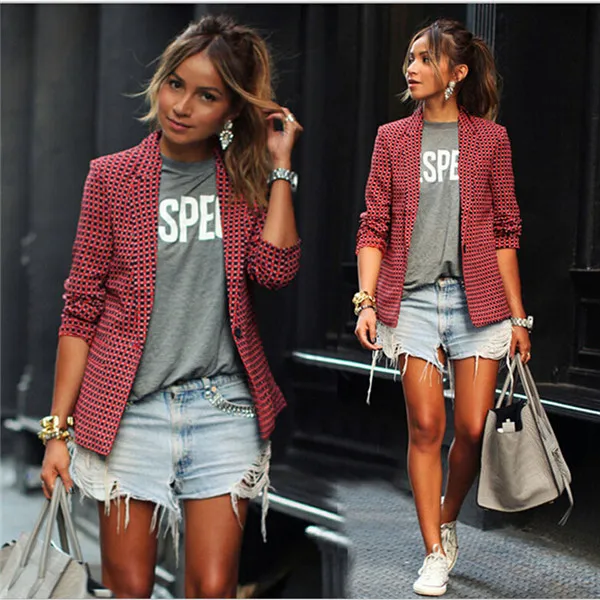 Vår Höst 2016 Kvinnors Fashion Casual Långärmad Röd Plaid Lapel Små kostym Jacka Blazer Women Coat