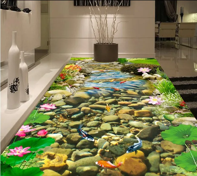 3D PVC Flooring Photo personalizzato Carta da parati Wallpaper Adesivo da parete HD Streams Goldfish Goldfish Decorazione del loto Pittura Immagine 3D Stanza di murales Sfondo murales