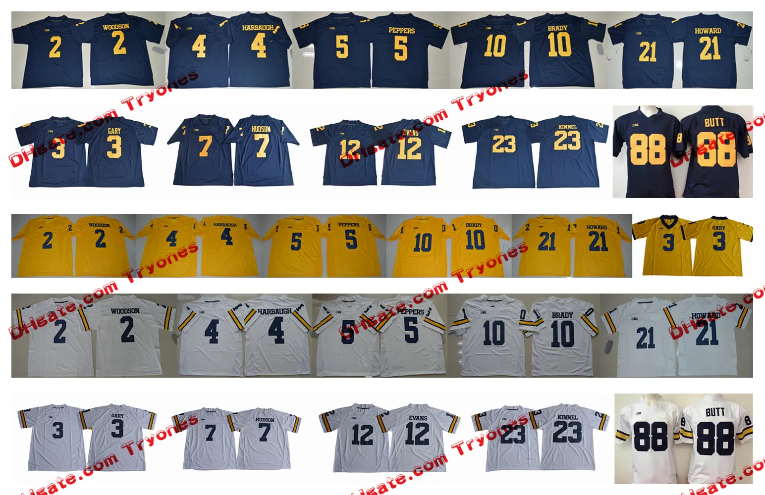 Michigan Wolverines 88 Jake Butt 3 Rashan Gary Chris Evans Tyree Kinnel Khalee Hudson 10 Tom Brady Peppers Woodson Harbaugh Howard Jerseys