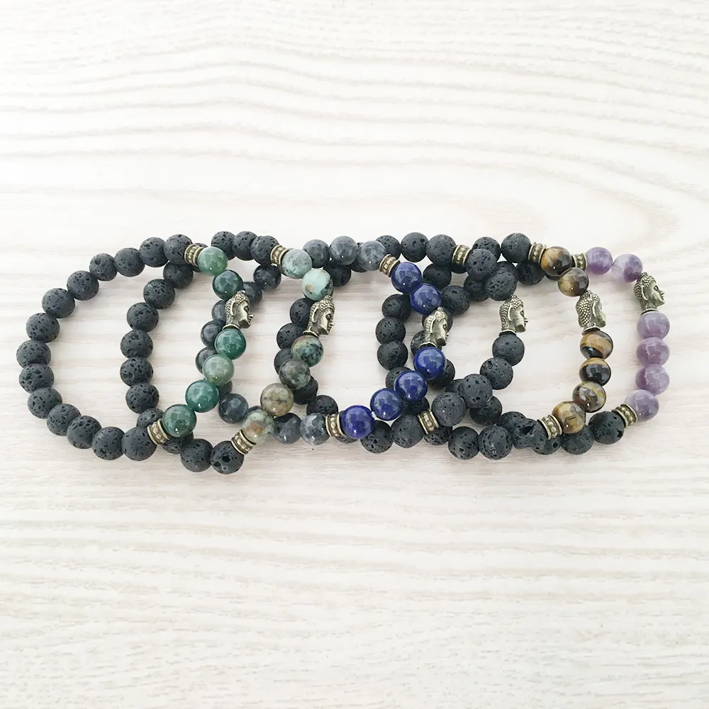 SN1111 Bracciale da uomo Buddha Yoga Bracciale Chakra Lave Bracciale con perline Muschio Agata Ametista Occhio di tigre Bracciale turchese africano