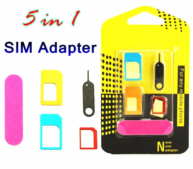 New Aluminum Metal SIM Card Adapter Nano Sim Card to Micro Adapter Converter Eject Pin Set 5 in 1 for iphone 6s 5s all cell phone Devices