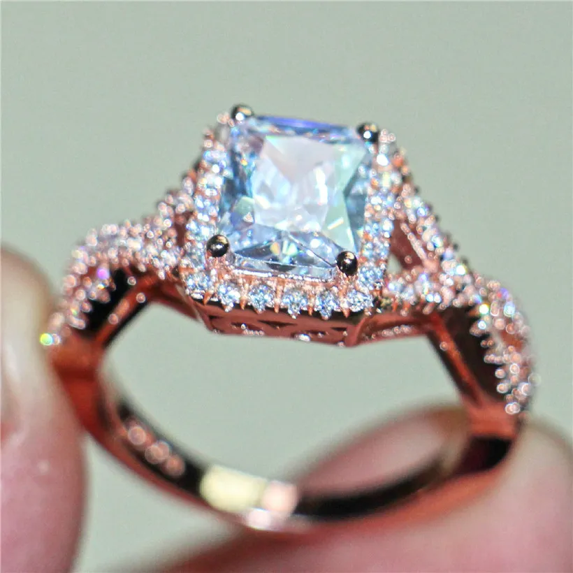 Eternal 925 Sterling Silverrose bague en or Bijoux taille princesse 6CT topaze blanche diamant pierres précieuses anneaux doigt bague de mariage pour les femmes