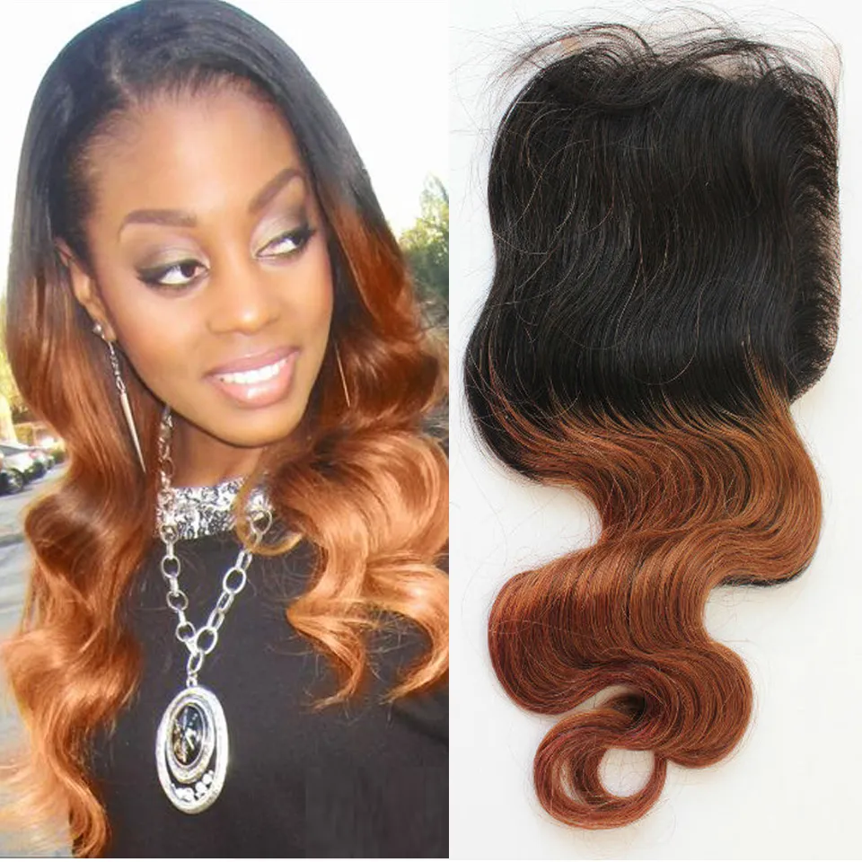 1b/30 Two Tone Body Wave 4X4 Capelli umani brasiliani Ombre Chiusura con capelli del bambino e nodi sbiancati