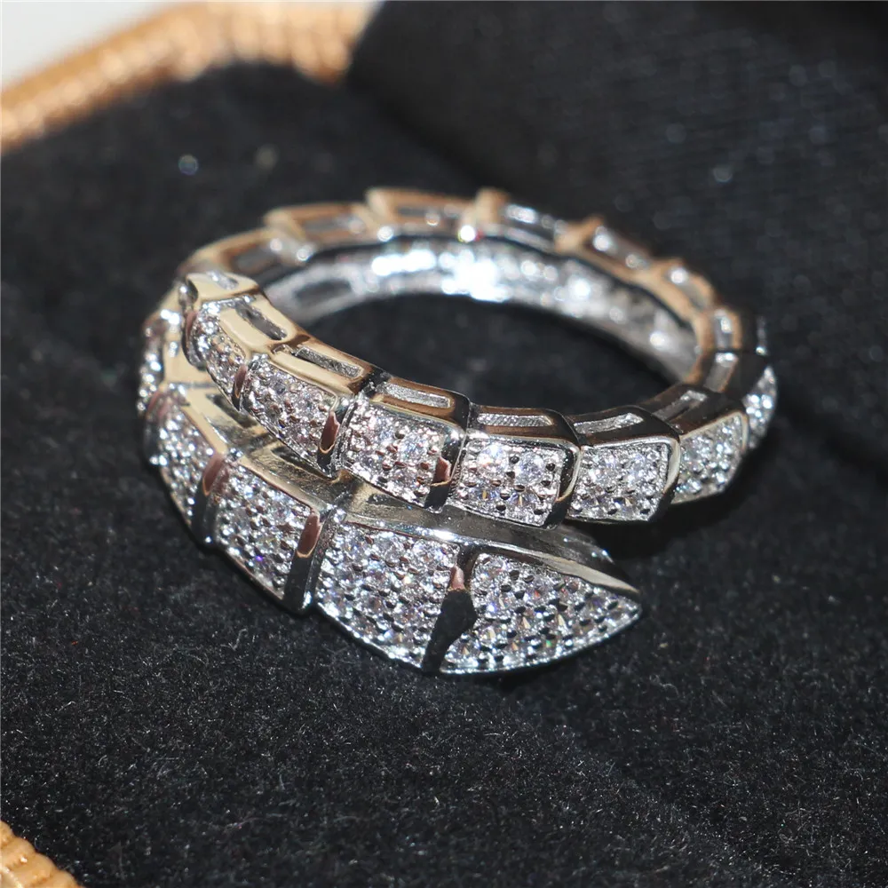 유럽과 미국의 브랜드 10KT 화이트 골드는 여성을위한 뱀 반지 패션 시뮬레이션 다이아몬드 지르콘 보석 반지 웨딩 밴드 보석을 채워