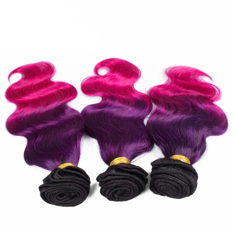 Trzy Tone Human Włosów Wefts Z Koronką Frontal Closure 1B Purple Pink Ombre Włosy z koronki Frontal Closure 4 sztuk / partia