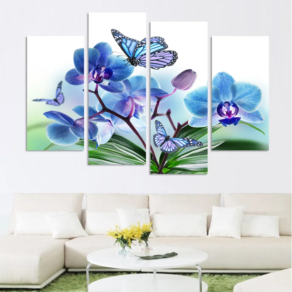 4 Panel Schöne schmetterling orchidee blumen gedruckt auf leinwand für wohnzimmer wohnkultur wandkunst ölgemälde kein rahmen