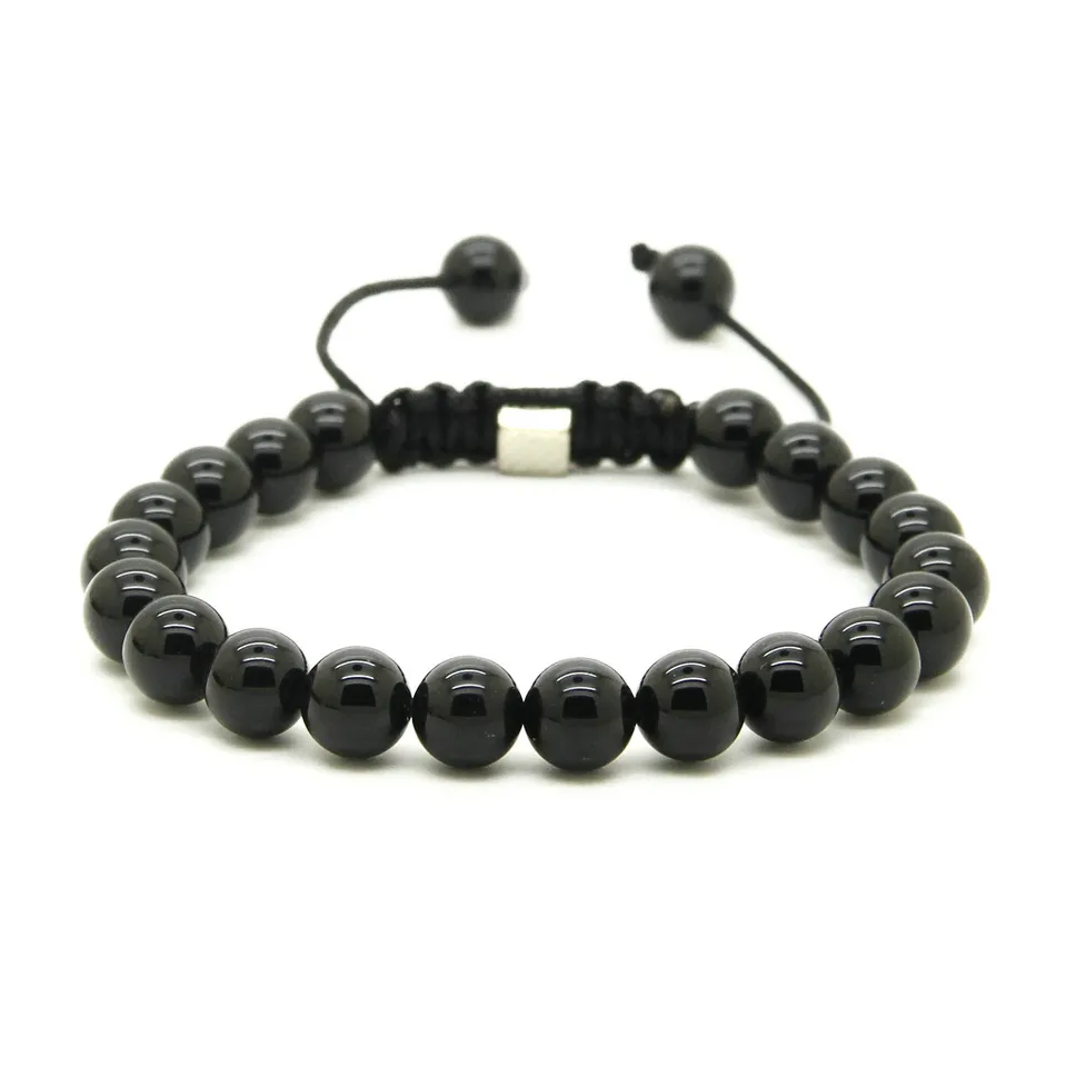 Groothandel 10 stks / partij 8mm Natural Black Onyx, White Howlite Marmeren Grijze Jasper Stone Kralen Macrame Lucky Armbanden