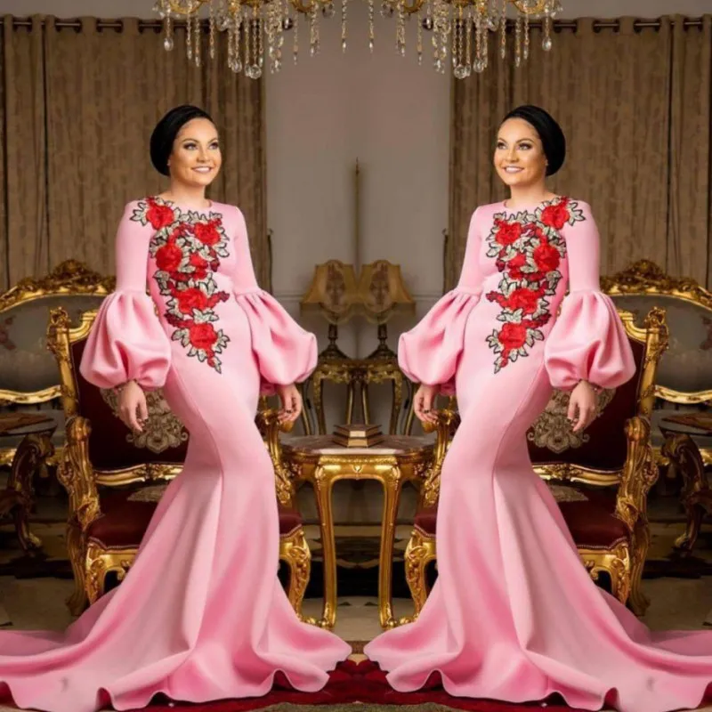 Saudi Arabic Pink Prom Dresses 2018 Embroidery Flowers Satin Mermaid Evening Gowns Trumpet Sleeves Sweep Train Women Formal Party Vestidos