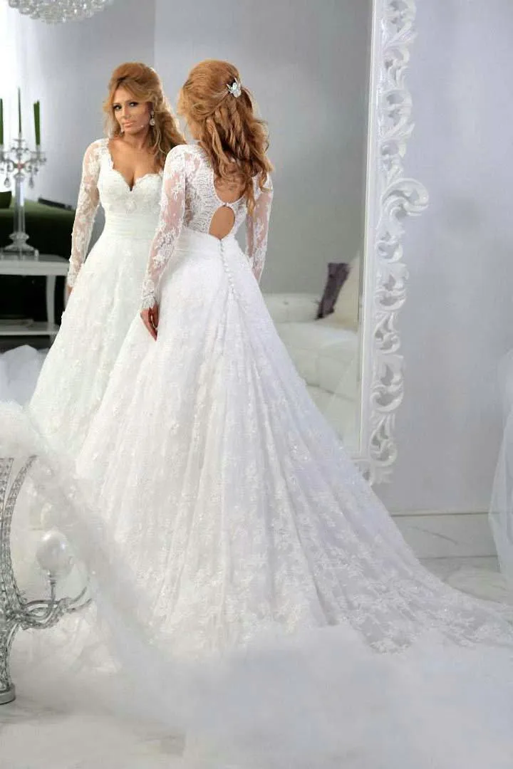 Lace Sheer Illusion Long Mouwen A-Line trouwjurken lieverd kralen holle rug applique sexy plus size court trein bruidsjurken