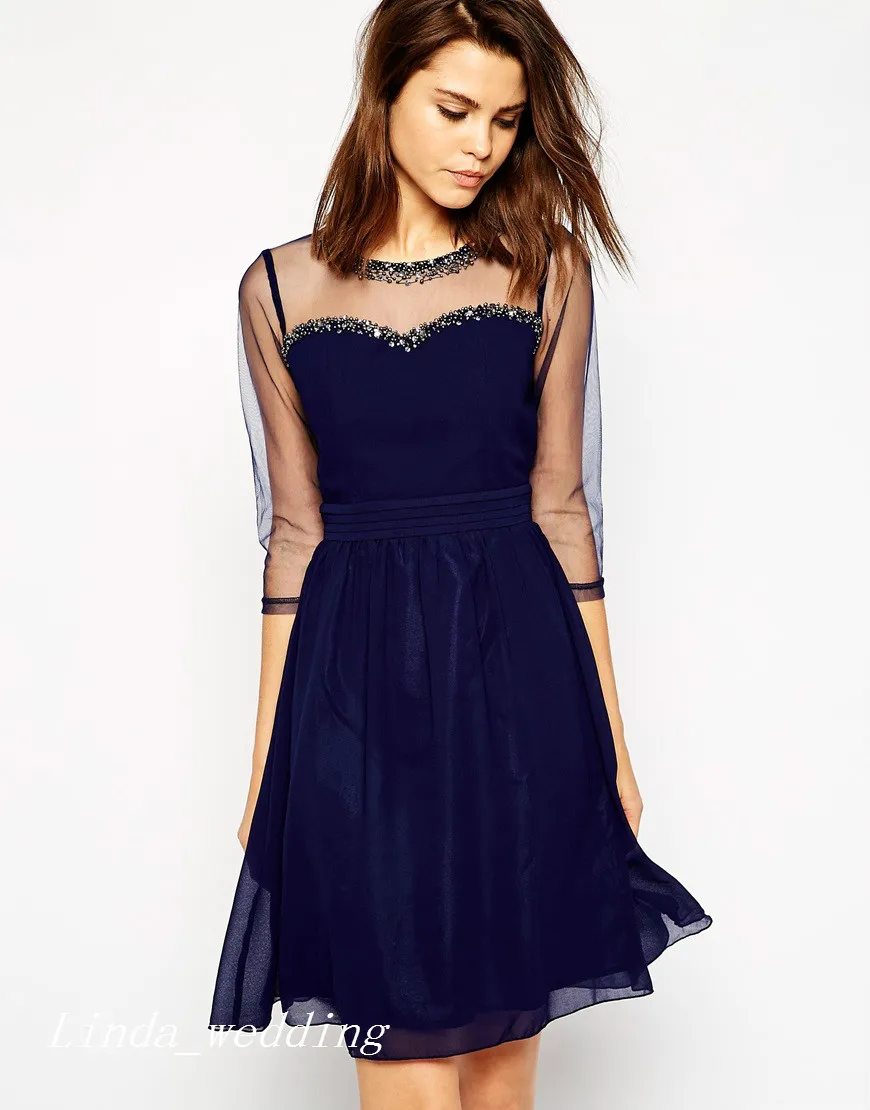 Grazioso abito da ballo corto blu navy scuro con perline trasparenti in chiffon midi occasioni speciali abito da cocktail abito da sera da donna