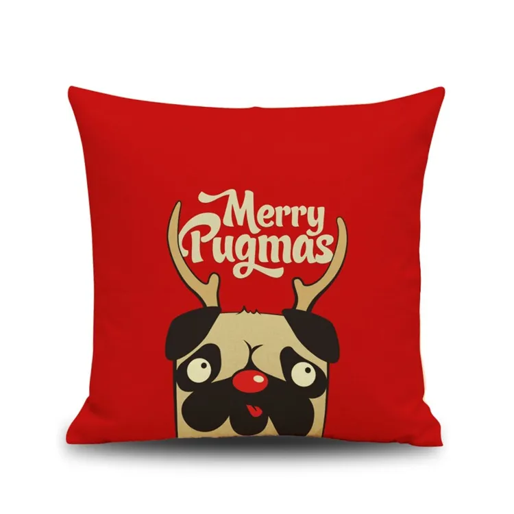 クリスマスイヤーギフトクッションカバーかわいい子犬枕カバークリスマスパグ犬猫フクロウトナカイピローケース家の装飾ピローケース