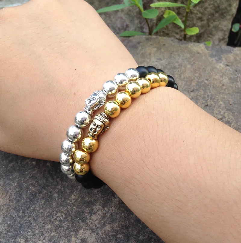 SN0379 Guld Silver Pärlor Armband Guld Buddha Head Matte Black Onyx Stone Armband Metallpärlor Yoga Smycken