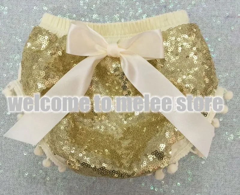 2016 Yeni Bling altın Pullu pom pom Bezi Kapak ile yay Bebek Sparkle Doğum Günü pom pom Bloomer glitter altın Pullu Bloomers fotoğraf p ...