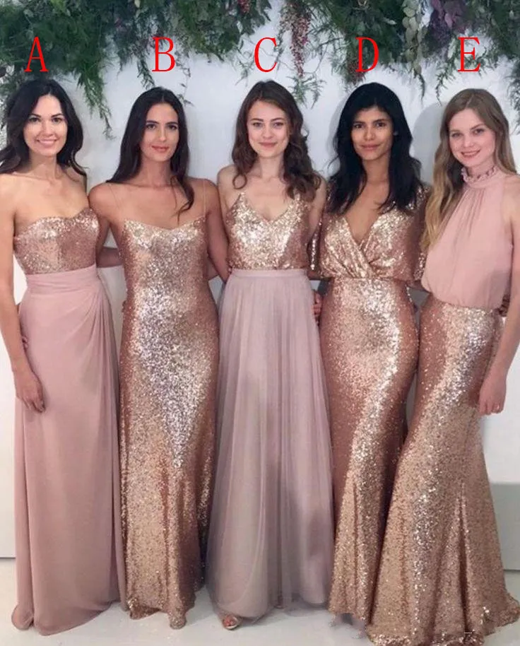 2020 arabo Bling paillettes abiti da damigella d'onore paillettes stile misto matrimoni vestito da ospite rosa rosa scuro chiffon damigella d'onore abiti da damigella d'onore