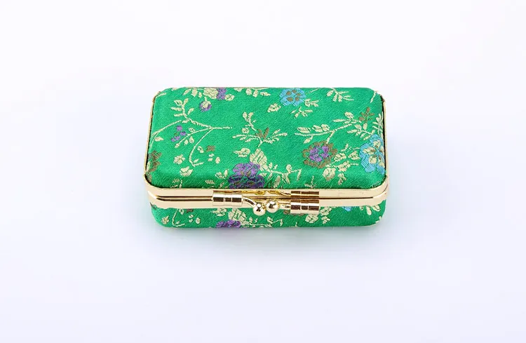 Portable Small Travel Rectangle Jewelry Carrying Storage Case with Mirror Gift Box Metal Clip Silk Brocade Floral Cloth Craft Packaging Box