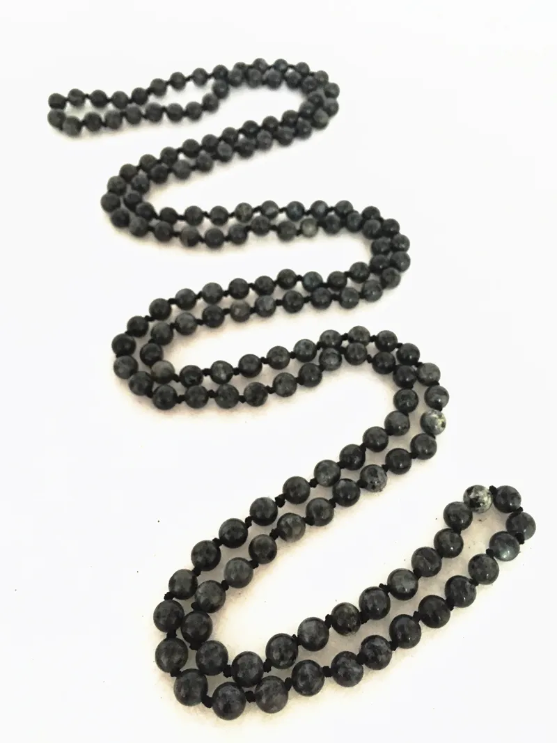 ST0323 Fancy Black Steen Ketting maken 72 inch lange ketting Larvikiet steen geknoopte ketting voor vrouwen boho sieraden