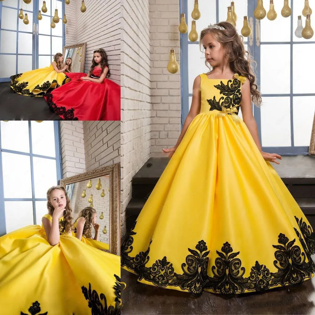 Laço amarelo e preto applique vestido da menina de flor praça a linha de meninas pageant vestidos com arco andar de comprimento custom made vestidos miúdo do queque